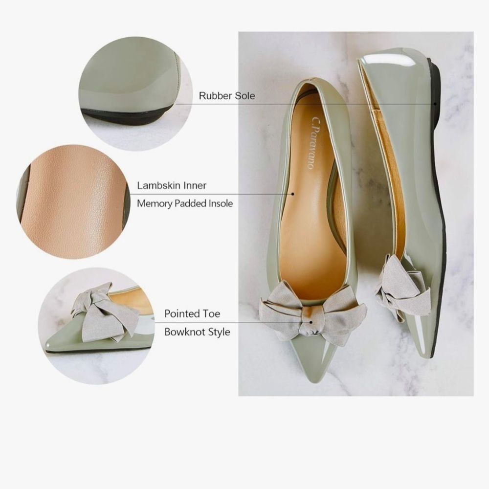 Caparravino Sage Green Patent Pointed Bow Ballet Flat - Picture 5 of 9